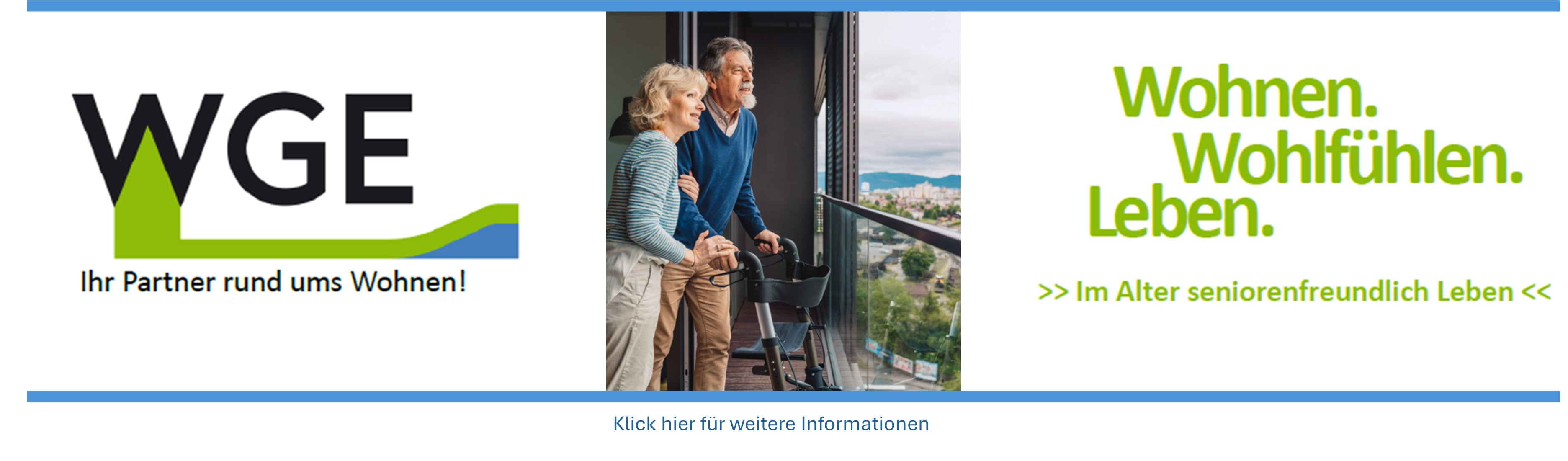 Älteres Paar mit Rollator auf dem Balkon einer modernen Wohnanlage – Banner zum Thema Wohnen im Alter