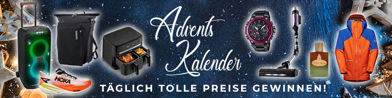 Adventskalender Gewinnspiel mit tollen Preisen auf blauem Hintergrund