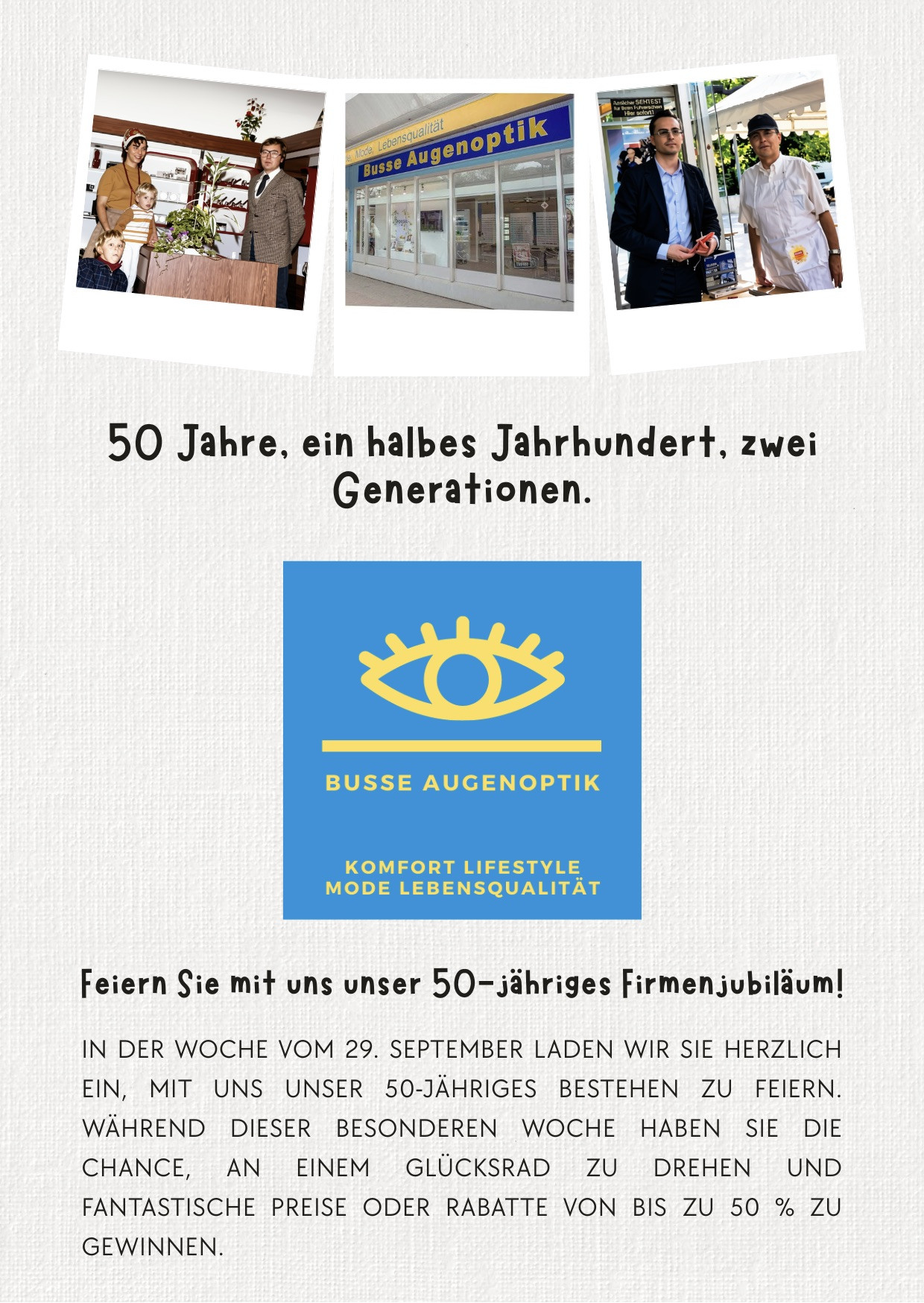 Einladung zur 50-jährigen Jubiläumsfeier von Busse Augenoptik mit historischen Fotos und Firmenlogo