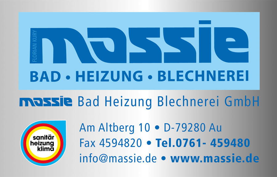 Visitenkarte von Massie Bad Heizung Blechnererei GmbH in Au mit Kontaktdaten und Logo