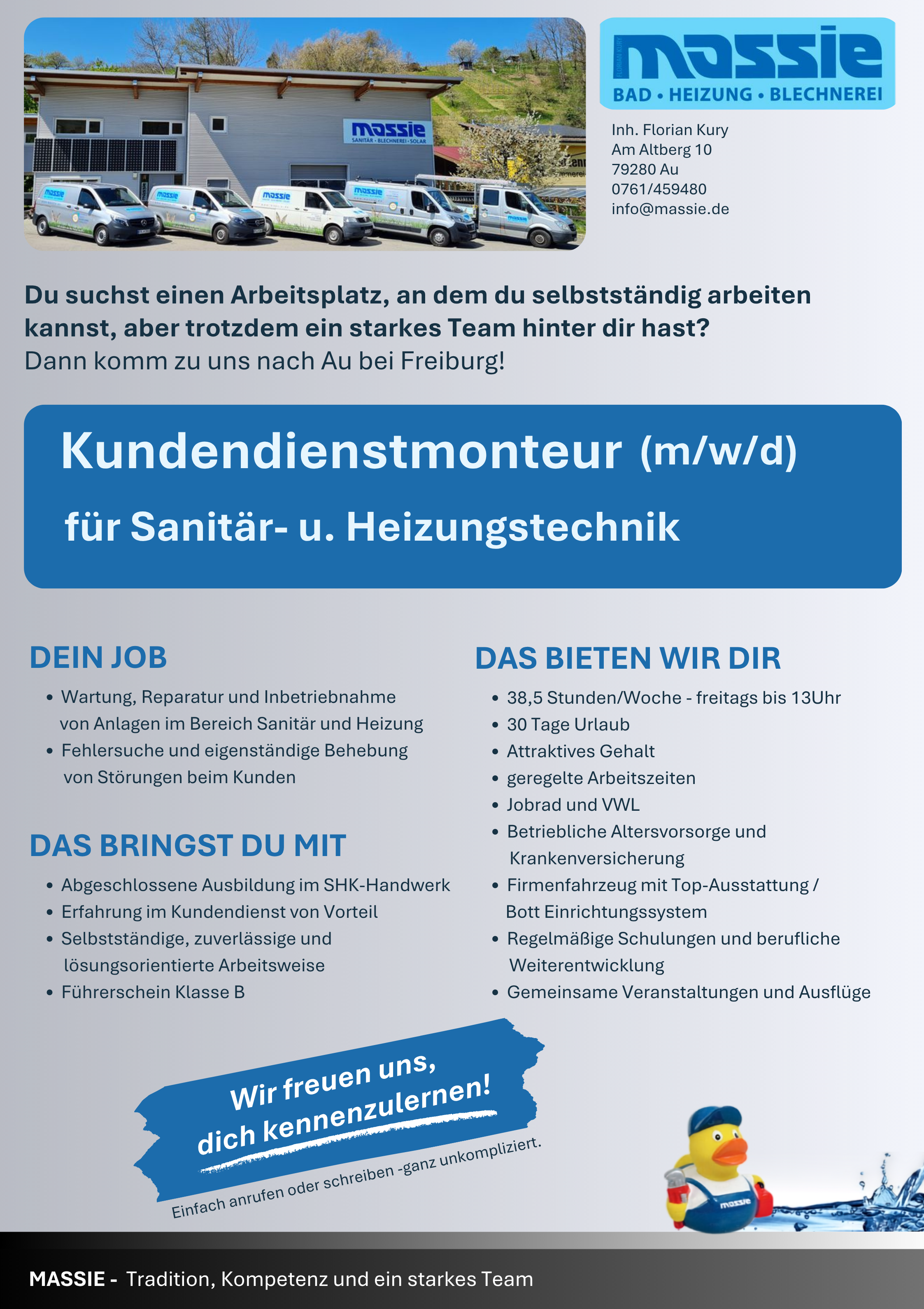 Massie Stellenangebot: Kundendienstmonteur (m/w/d) für Sanitär- und Heizungstechnik in Au bei Freiburg Stellenbeschreibung Massie Kundendienstmonteur Sanitär- und Heizungstechnik in Au bei Freiburg