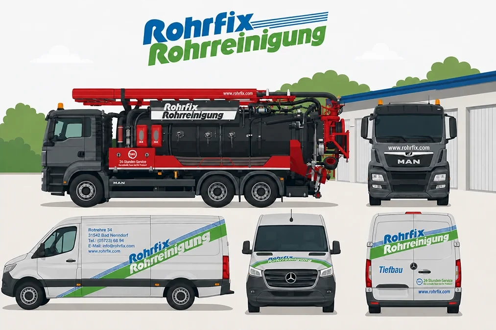 Fahrzeugflotte von Rohrfix Rohrreinigung mit verschiedenen Einsatzfahrzeugen vor Firmengebäude