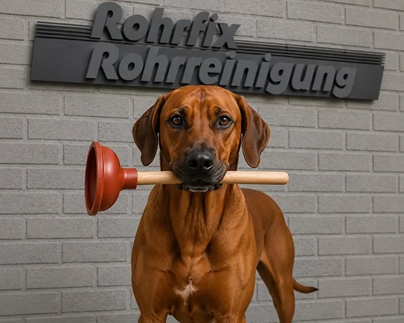 Mila der Bürohund vor Rohrfix Rohrreinigung mit Pümpel im Maul