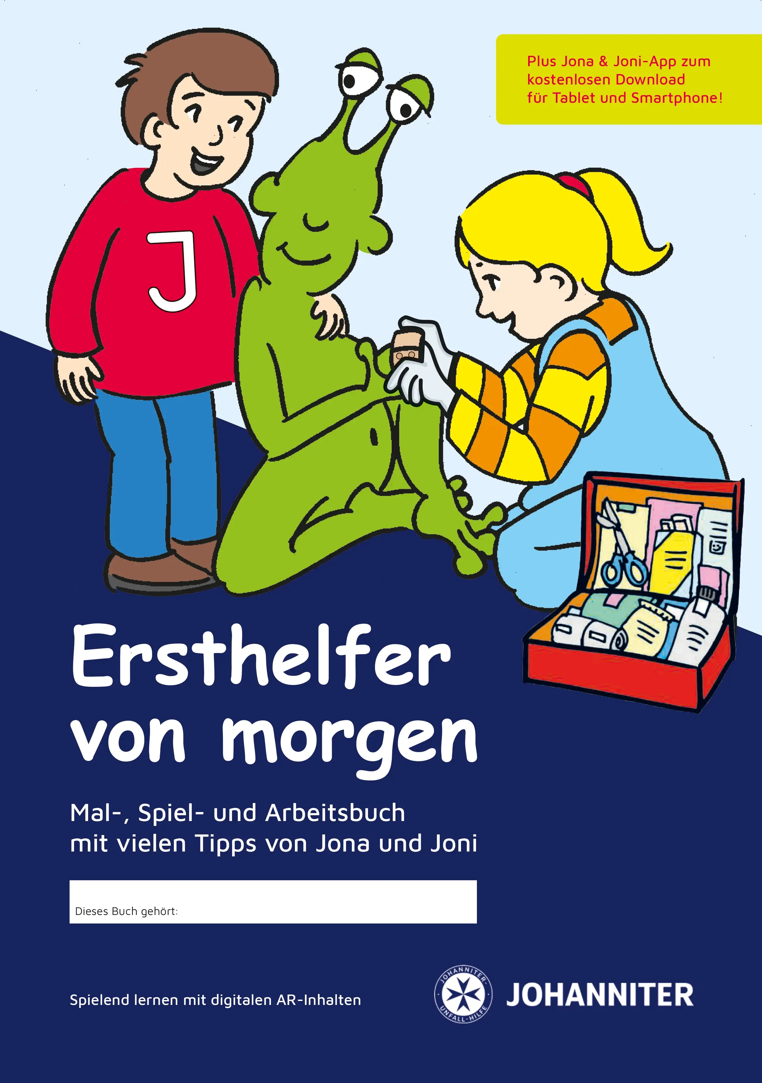 Titelbild des Mal-, Spiel- und Arbeitsbuchs 'Ersthelfer von morgen' mit Jona und Joni, die Erste Hilfe leisten und einem Erste-Hilfe-Kasten