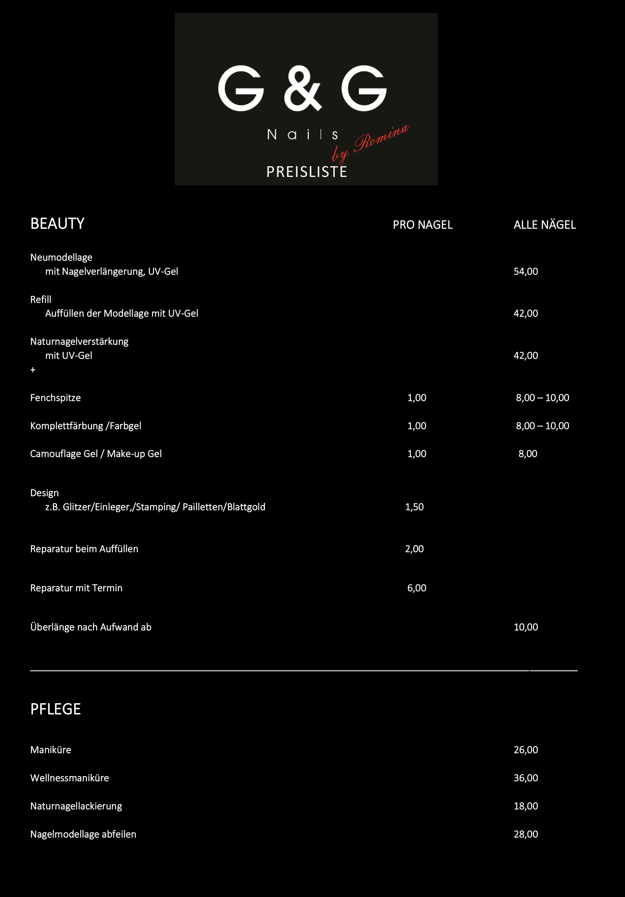 Preisliste 2026 fr Nageldesign und Manikre, Beauty- und Pflegeleistungen