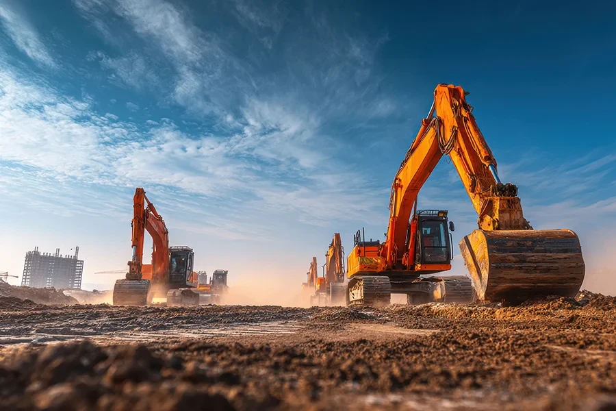 bild oeffentlich: mehrere Bagger auf einer Baustelle im Freien bei sonnigem Wetter