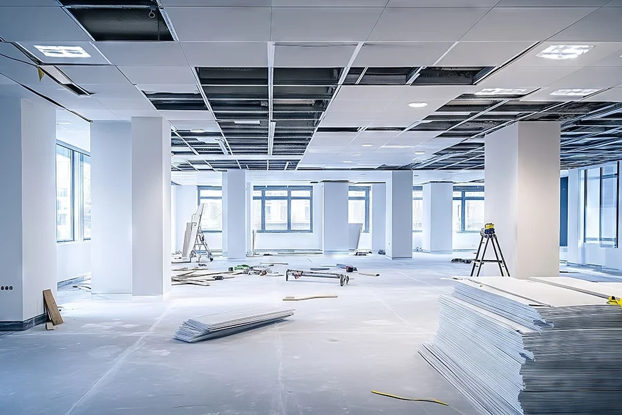 Innenausbau eines modernen Gewerbegebäudes mit Baustellenmaterialien und abgehängter Decke