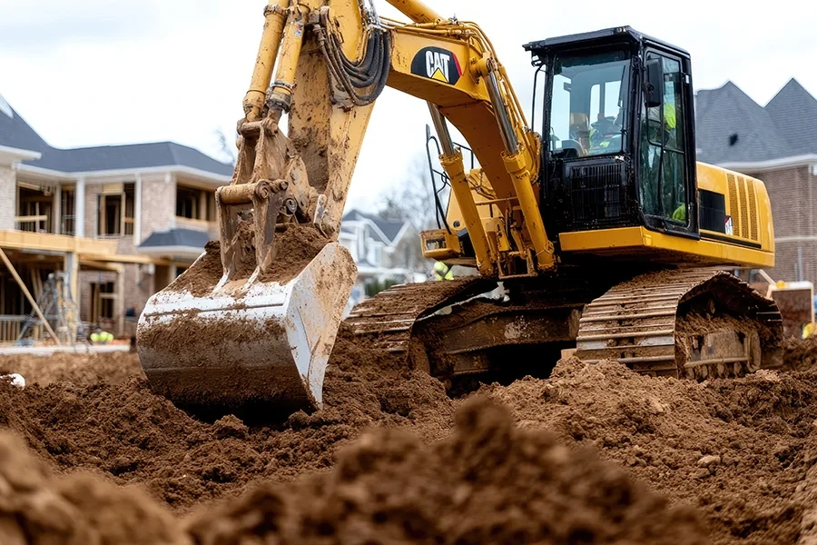 Bagger bei privaten Erdarbeiten auf einer Baustelle vor Wohnhäusern