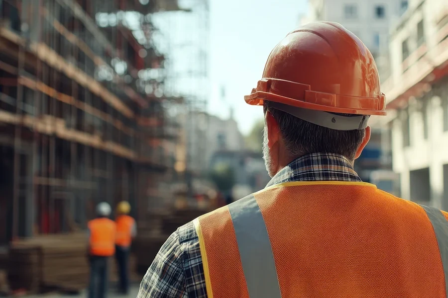 Bauarbeiter mit Schutzhelm und Warnweste auf einer Baustelle – bild unternehmen