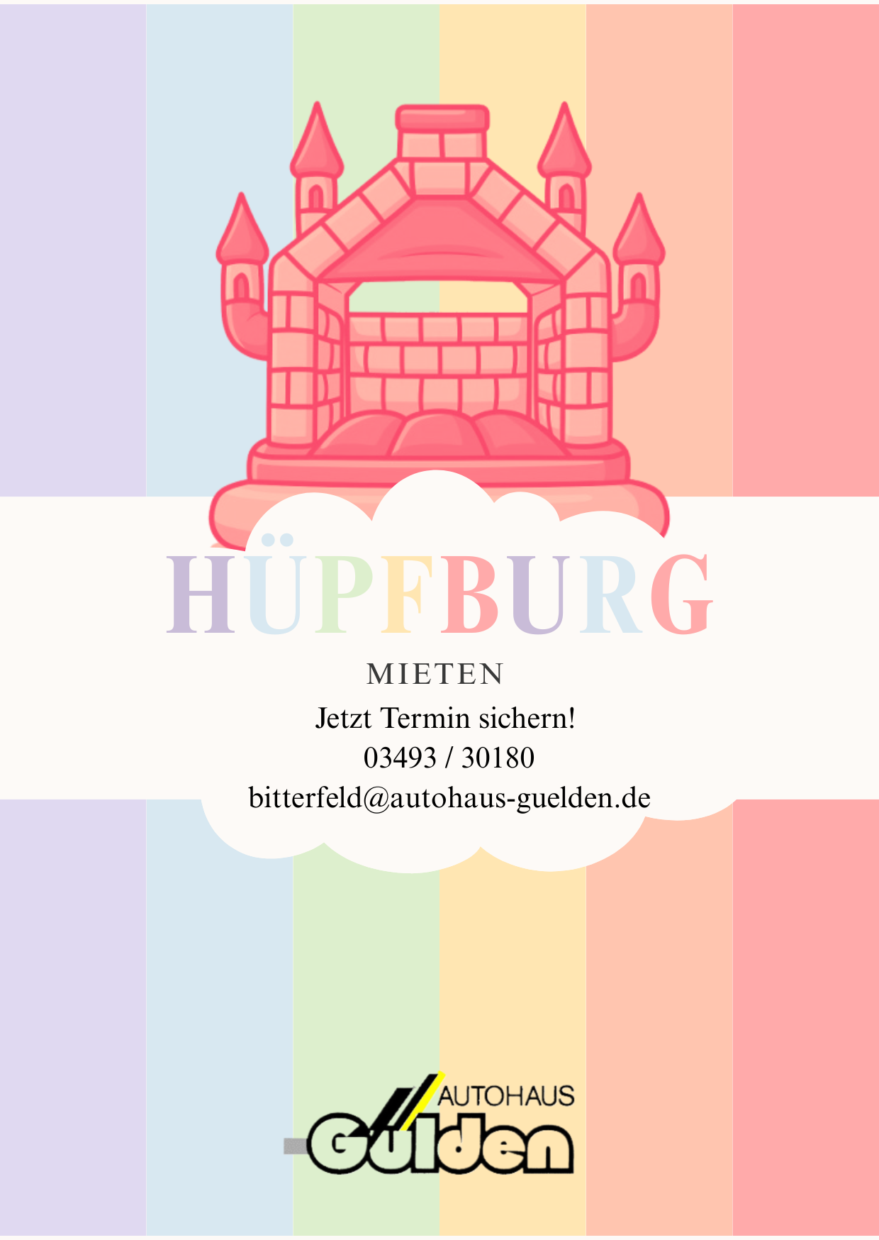 Bunte, verspielte, organische Regenbogen-Kindergeburtstag Einladung mit Hüpfburg Illustration und Kontaktdaten zum Mieten