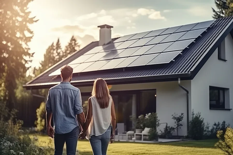 Teaser-Solar: Modernes Haus mit Solaranlage – nachhaltige Energie für Zuhause Paar betrachtet modernes Haus mit Solaranlage auf dem Dach als Teaser für Solarenergie