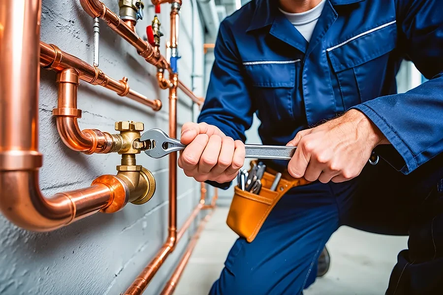 Teaser Wartung: Professionelle Wartung von Rohrleitungen durch Handwerker Handwerker bei der Wartung von Rohrleitungen mit Werkzeug – Teaser Wartung