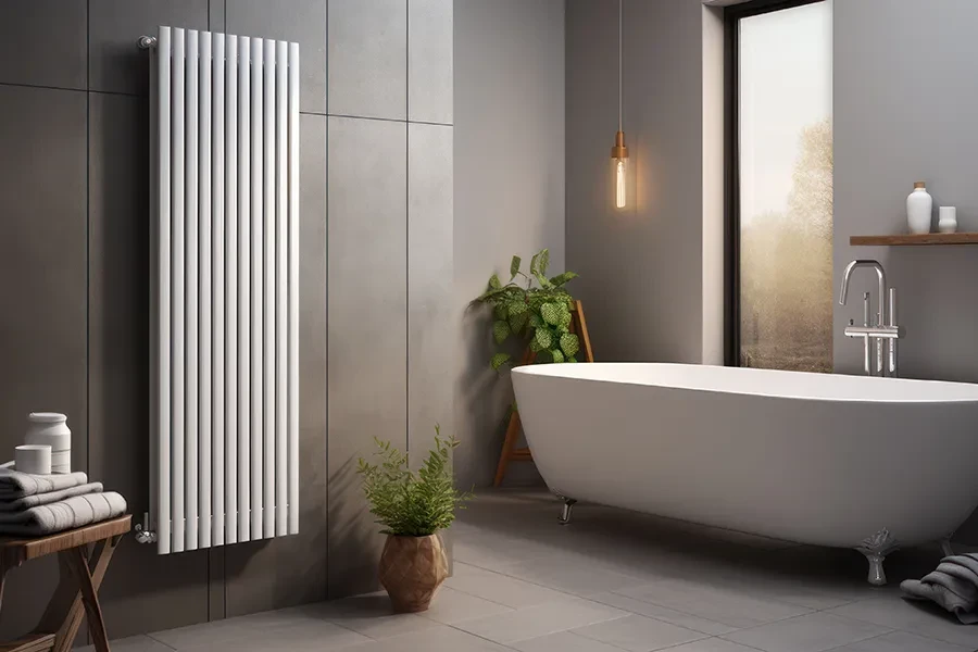 Teaser Sanitär – modernes Badezimmer mit Design-Heizkörper und Badewanne Modernes Badezimmer mit freistehender Badewanne, Design-Heizkörper und stilvoller Sanitärausstattung