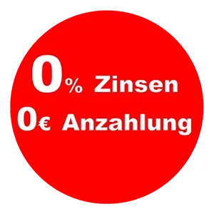 Roter Kreis mit Werbebotschaft: 0% Zinsen und 0€ Anzahlung zur Finanzierung