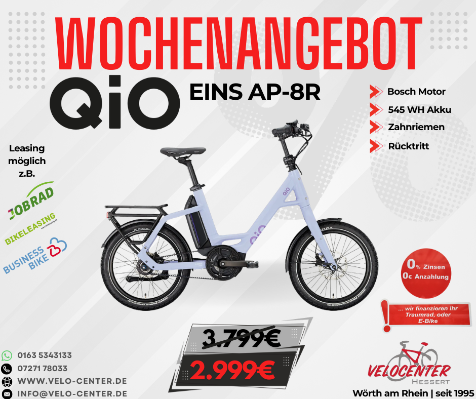 Wochenangebot QiO E-Bike EINS AP-8R in Lavender beim Velo Center Hessen, Preis reduziert von 3.799€ auf 2.999€
