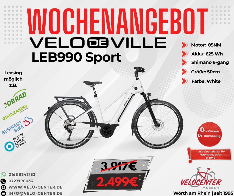 Wochenangebot Velo de Ville LEB990 Sport E-Bike im Velo Center Hessen, weiß, Sonderpreis 2.499 Euro