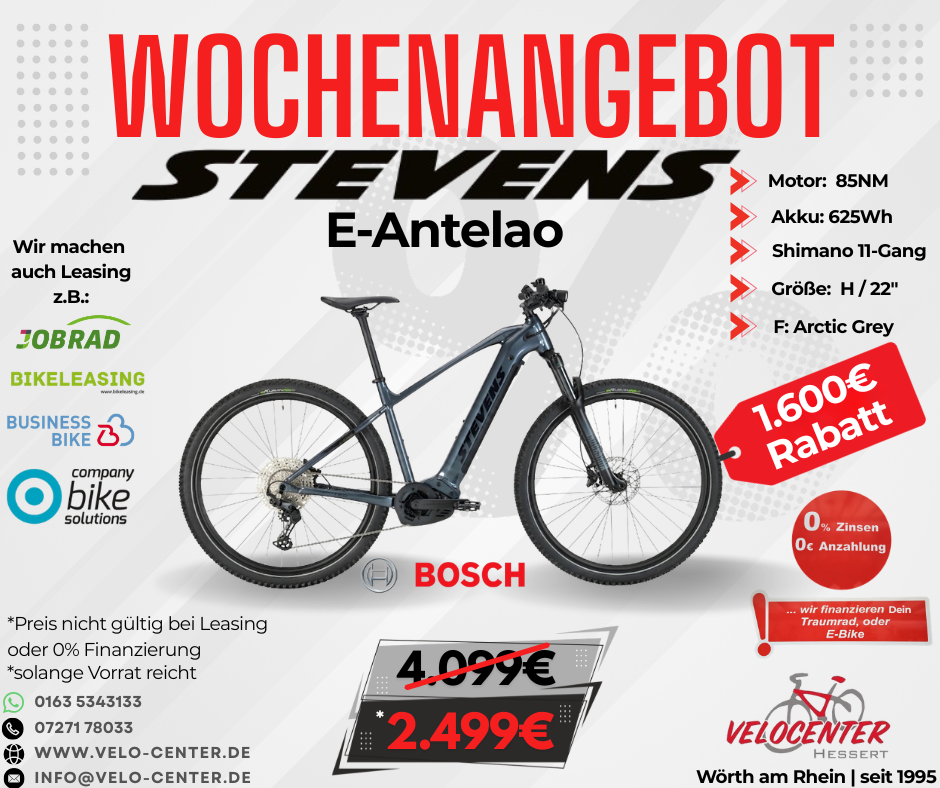 Wochenangebot für Stevens E-Antelao E-Bike mit Bosch Motor und 1.600 Euro Rabatt beim Velo Center in Wörth am Rhein