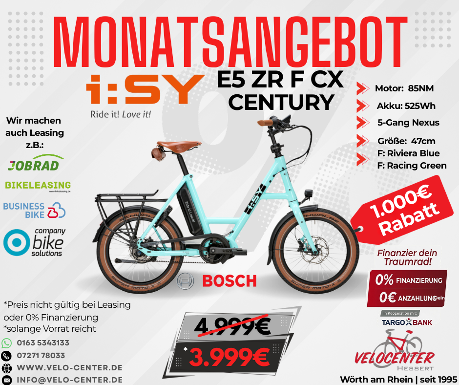 Monatsangebot für das i:SY E5 ZR F CX Century E-Bike mit 1.000€ Rabatt und Bosch Motor