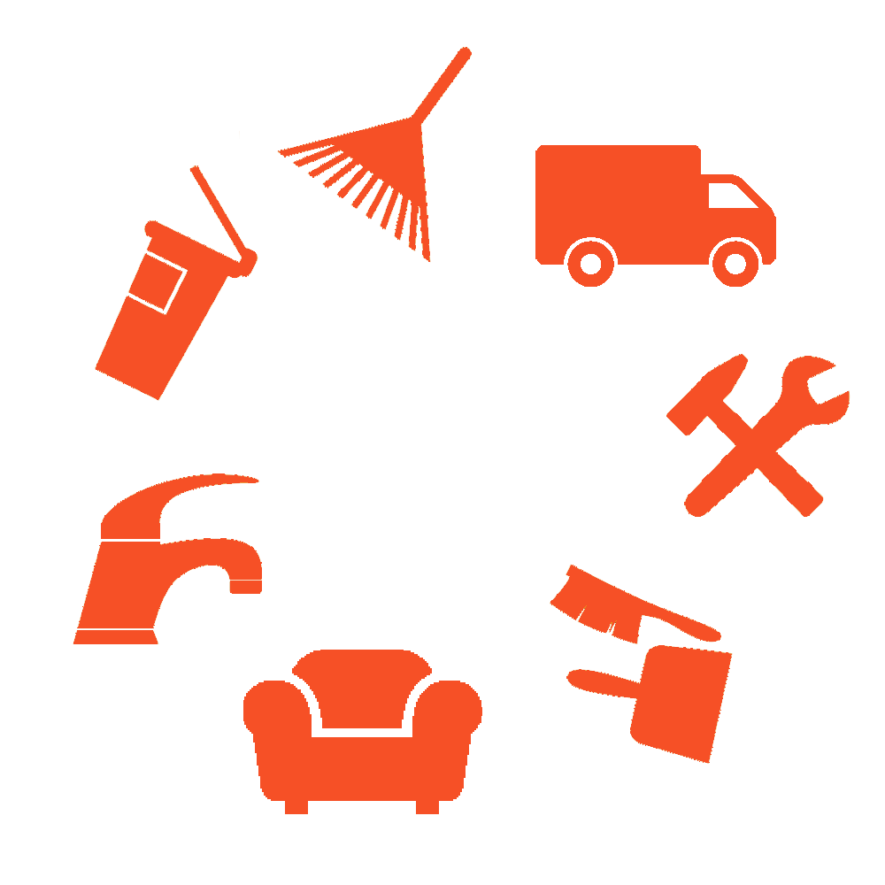 Icon-Sammlung verschiedener Dienstleistungen wie Reinigung, Gartenarbeit, Transport, Handwerk, Malerarbeiten, Sanitär und Möbel