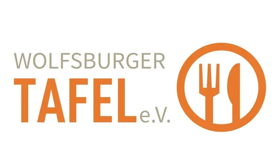 Logo der Wolfsburger Tafel e.V. mit orangefarbener Gabel im Kreis