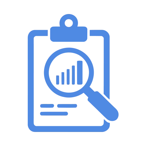 Icon Prüfung mit Klemmbrett und Lupe zur Analyse