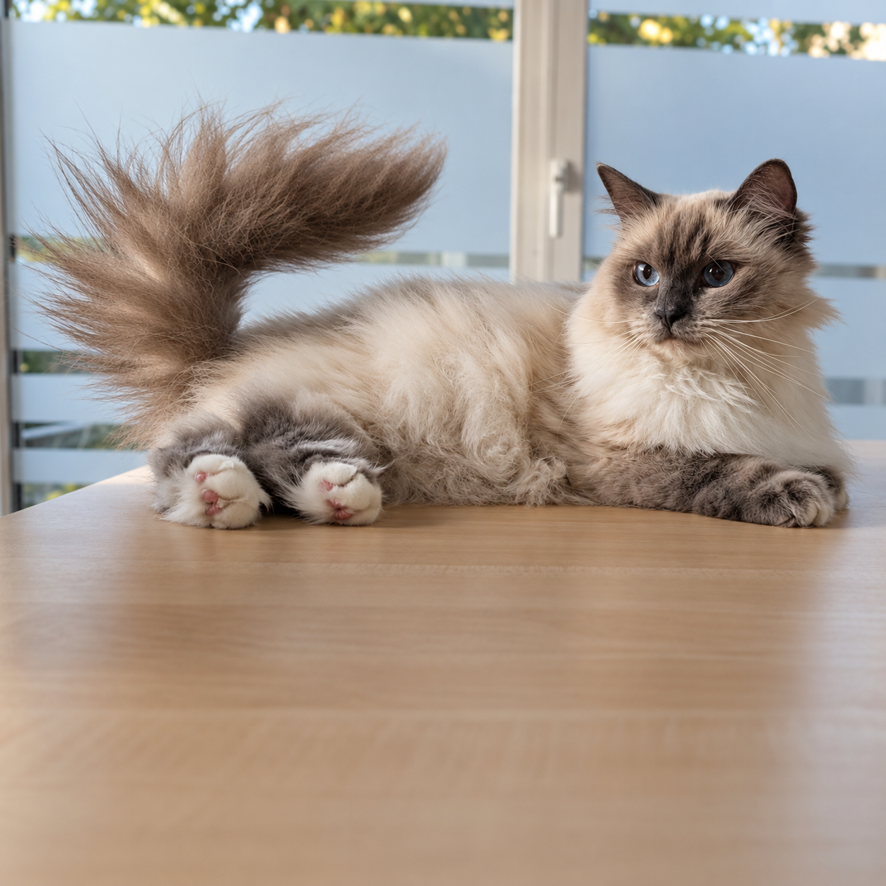 Langhaarige Katze mit blauem Blick liegt entspannt auf einem Holztisch vor einem Fenster