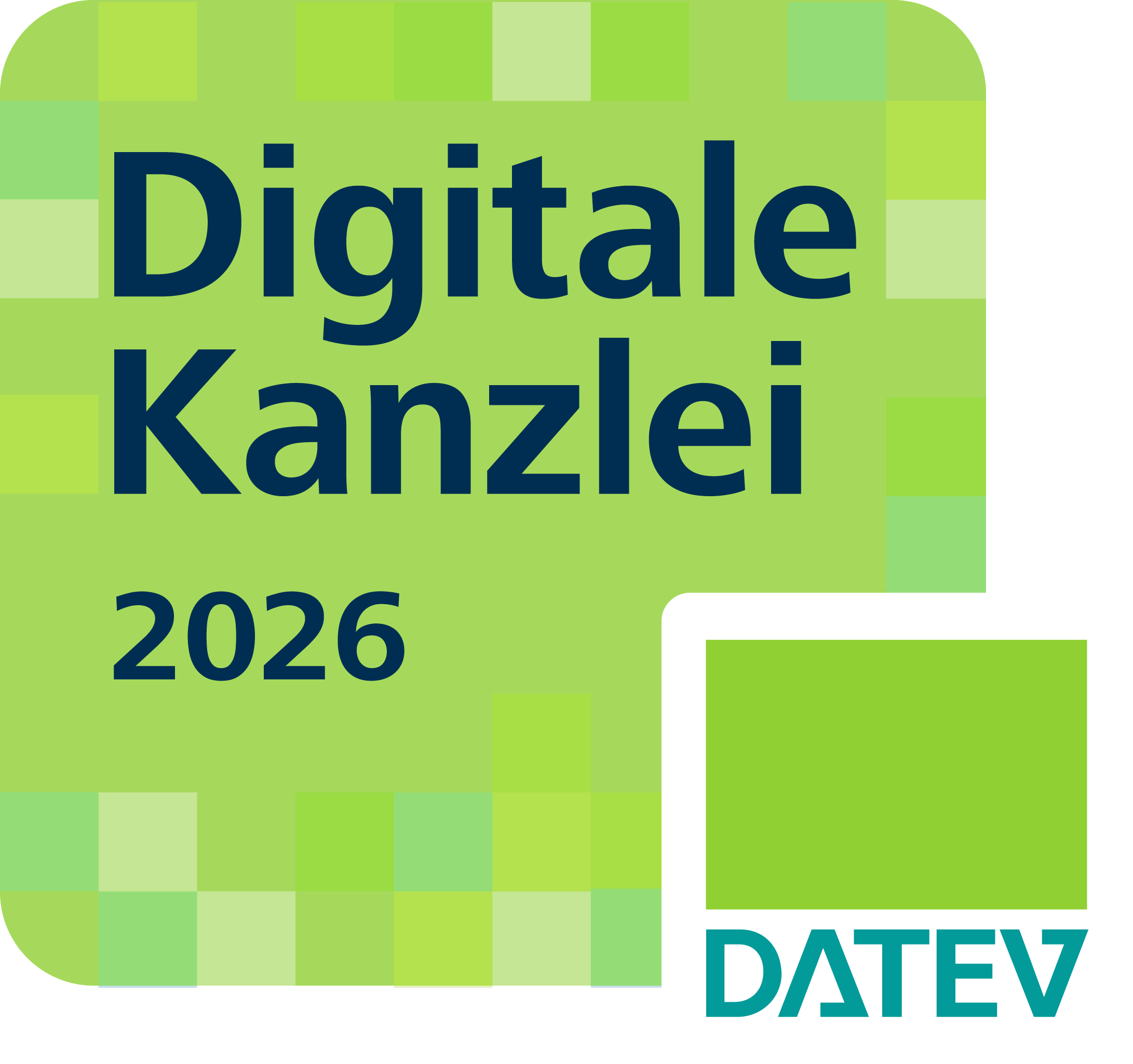 DATEV Label Digitale Kanzlei 2026 – Auszeichnung für digitale Steuerkanzleien DATEV Label Digitale Kanzlei 2026 auf grünem Hintergrund mit DATEV Logo