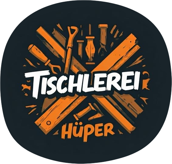 Tischlerei Hüper Logo – Handwerksbetrieb mit Tradition Logo der Tischlerei Hüper mit Werkzeugen und Holz im Hintergrund
