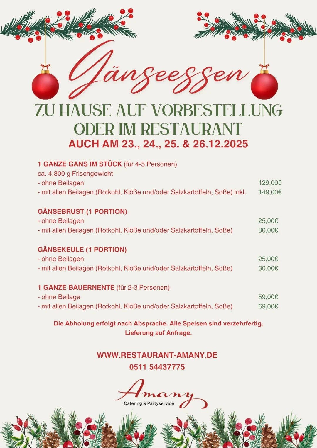 Gänseessen Angebot im Restaurant Amany für Weihnachten 2025 mit Gans, Gänsebrust, Gänsekeule und Beilagen zur Vorbestellung oder im Restaurant.