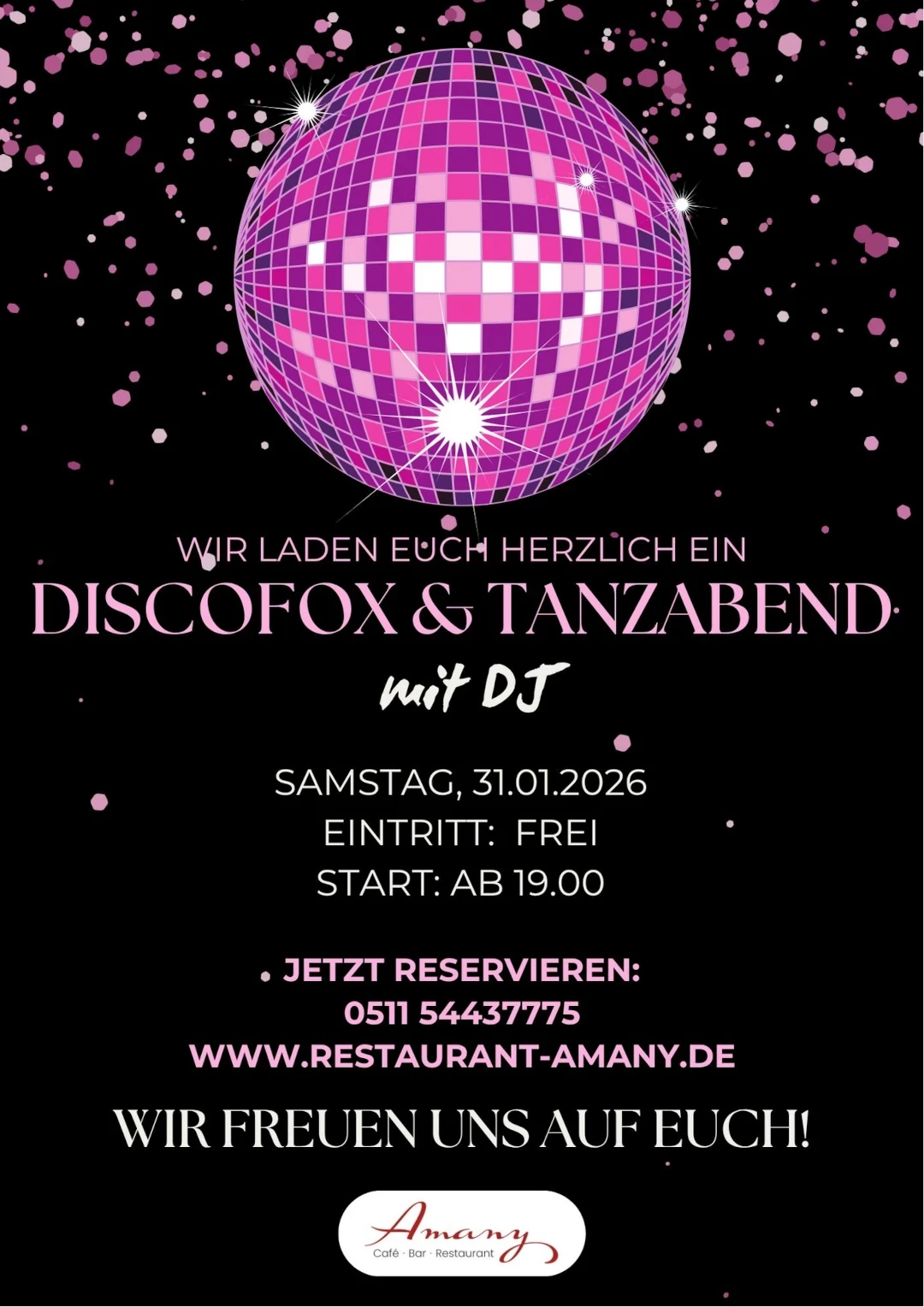 Discofox & Tanzabend mit DJ am 31.01.2026 – Einladungsposter mit pinker Discokugel