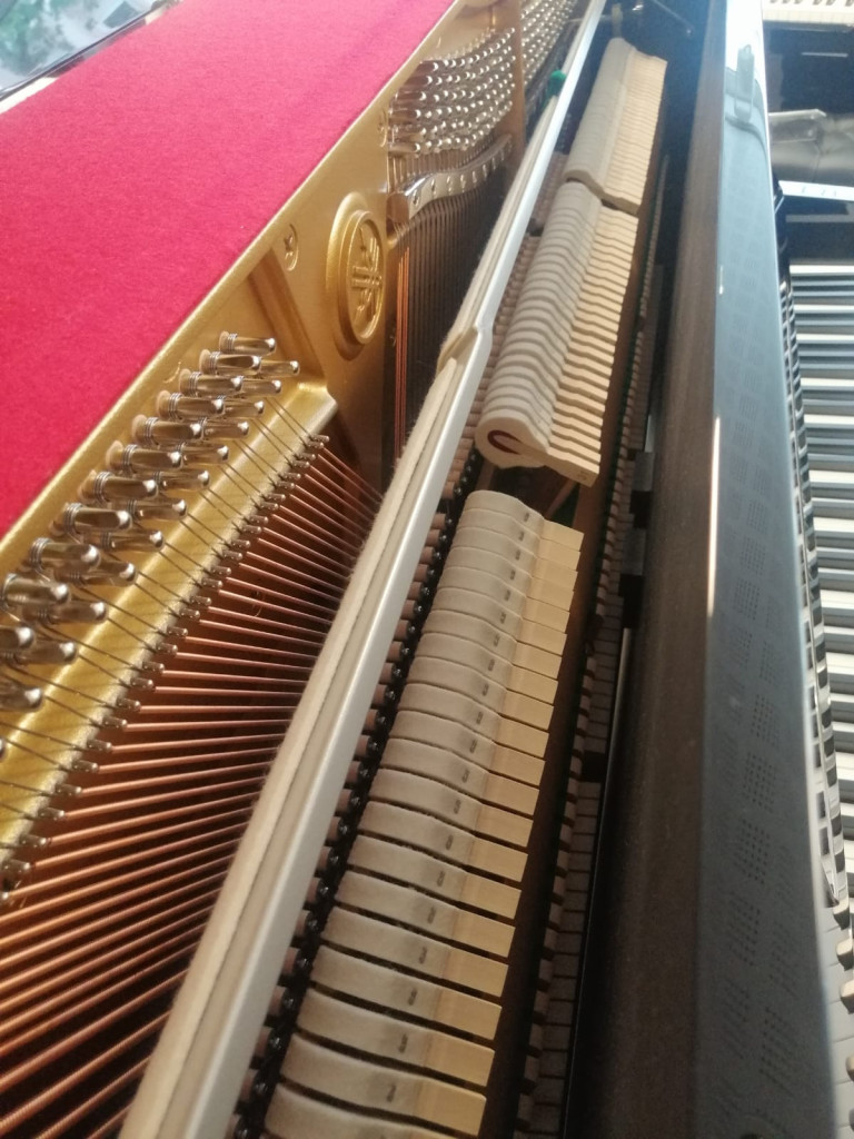 Innenansicht eines Klaviers mit Saiten, Hämmern und Klaviatur, Detailaufnahme