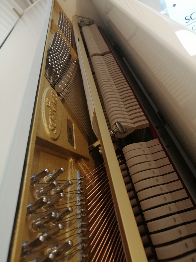 Detailansicht der Mechanik eines Schimmel Klaviers, Saiten und Hämmer sichtbar