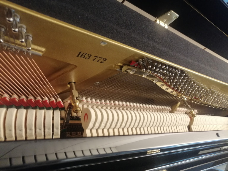 Detailaufnahme der Mechanik und Saiten eines Klaviers mit Seriennummer 163772