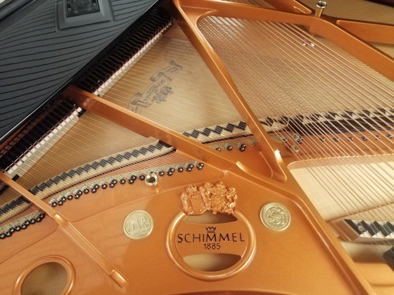 Schimmel Flügel 1885 – Detailansicht der goldenen Mechanik und Saiten Nahaufnahme eines Flügels der Marke Schimmel mit goldener Mechanik und Schimmel 1885 Logo
