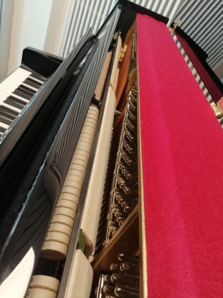 Detailaufnahme eines geöffneten Klaviers mit sichtbaren Saiten, Hämmern und Klaviatur