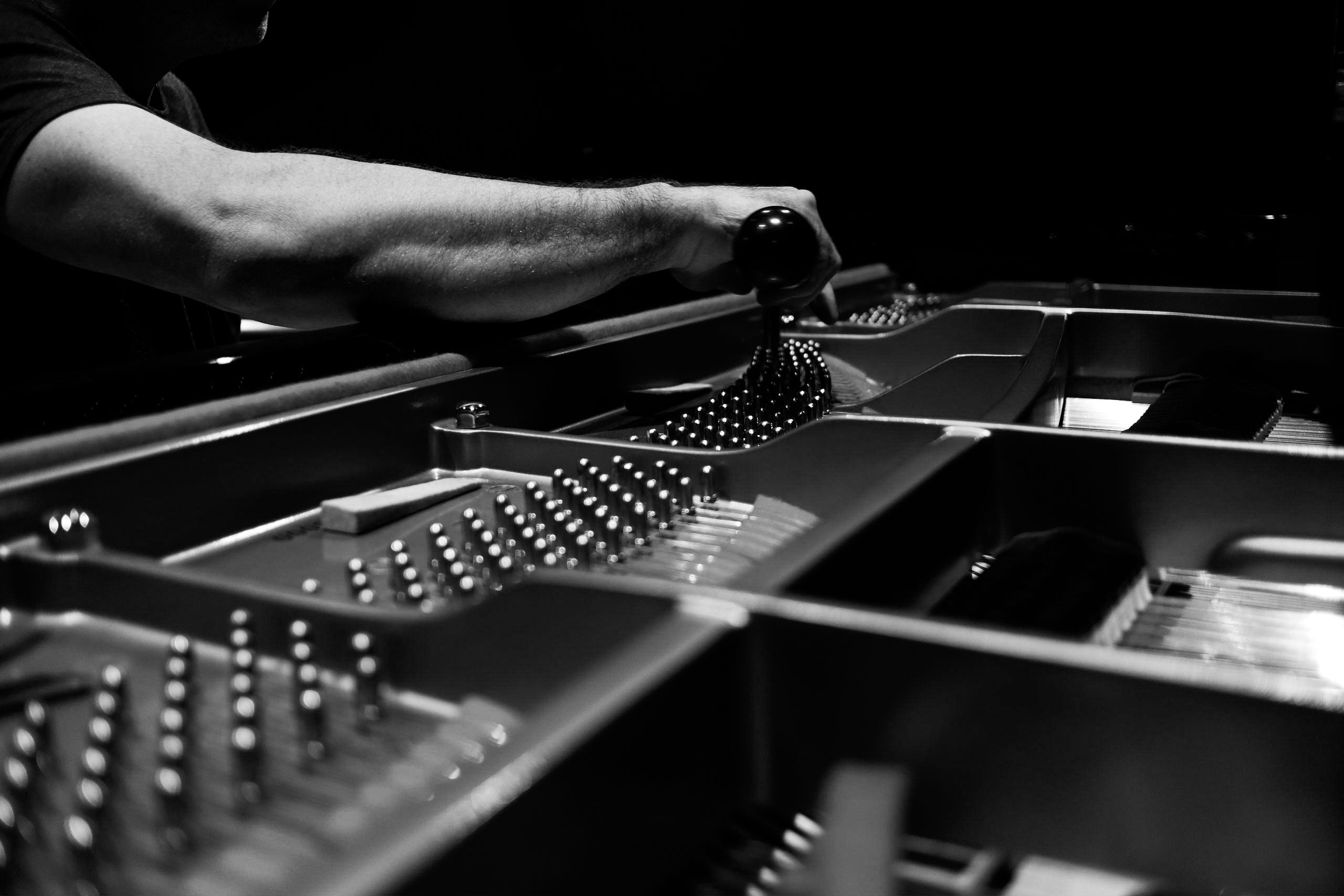 Klavier-Reparatur: Hand stimmt und repariert ein Klavier von innen