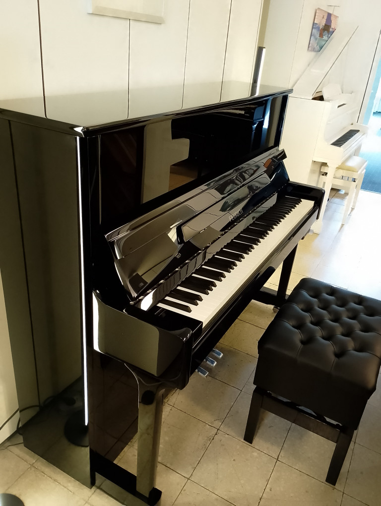 Schwarzes Klavier mit Klavierbank in einem Musikraum