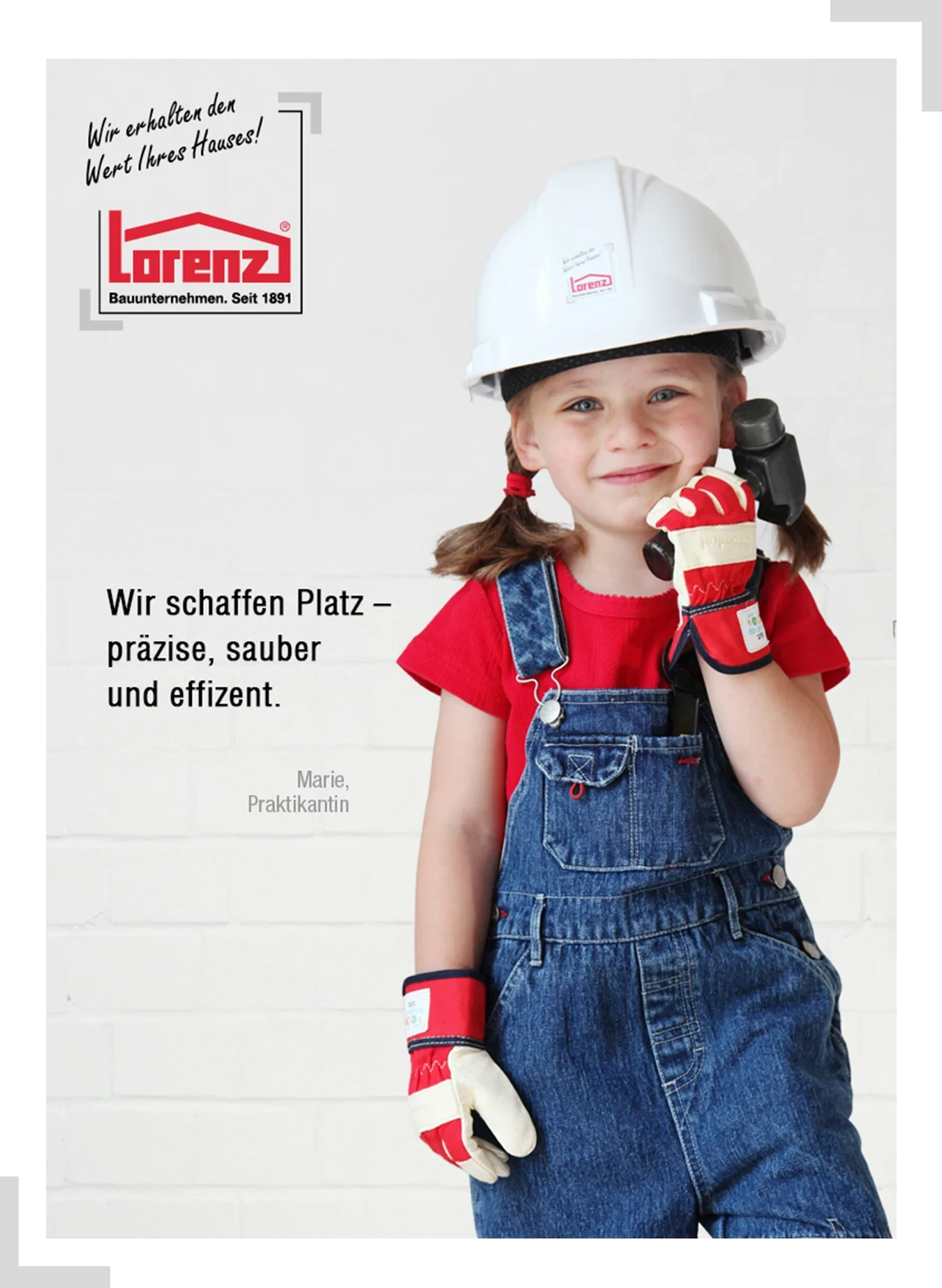 Kind mit Schutzhelm und Handschuhen beim Bauunternehmen Lorenz, Symbolbild für präzise und effiziente Abbrucharbeiten und Kernbohrarbeiten