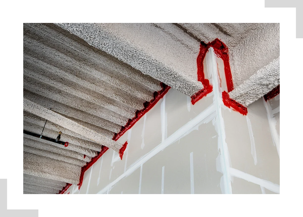 Brandschutzmaßnahmen an einer Betondecke mit Feuerschutzbeschichtung und abgedichteten Fugen