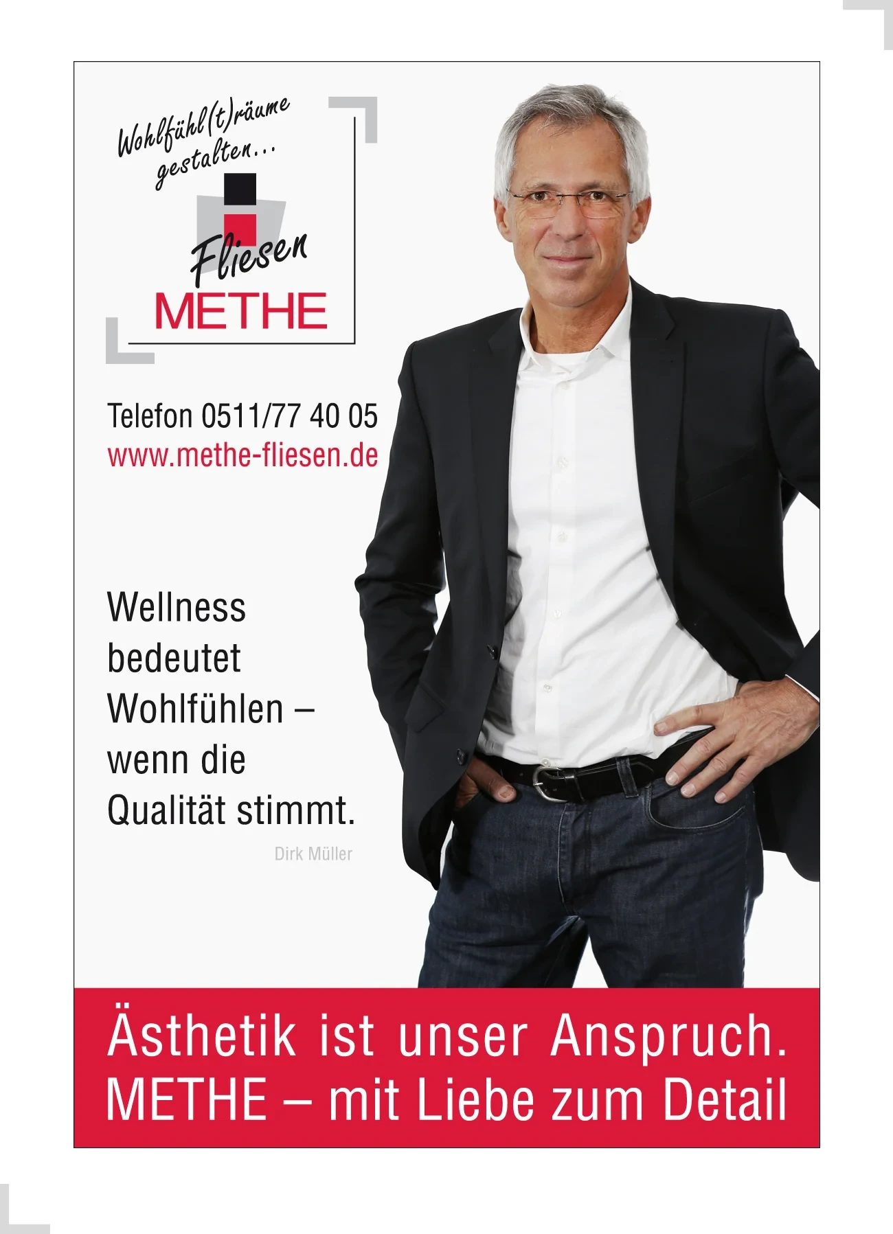 Werbebild von Methe Fliesen mit Slogan und Kontaktinformationen