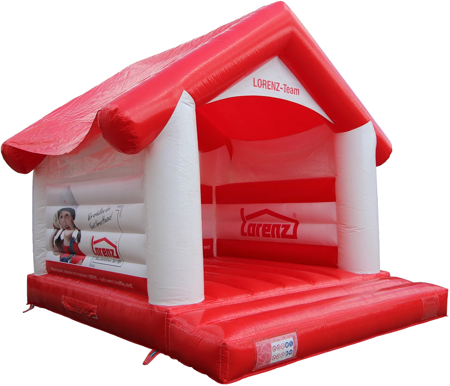 Rote und weiße Hüpfburg mit Dach und Lorenz-Logo, ideal für Kindergeburtstage und Events