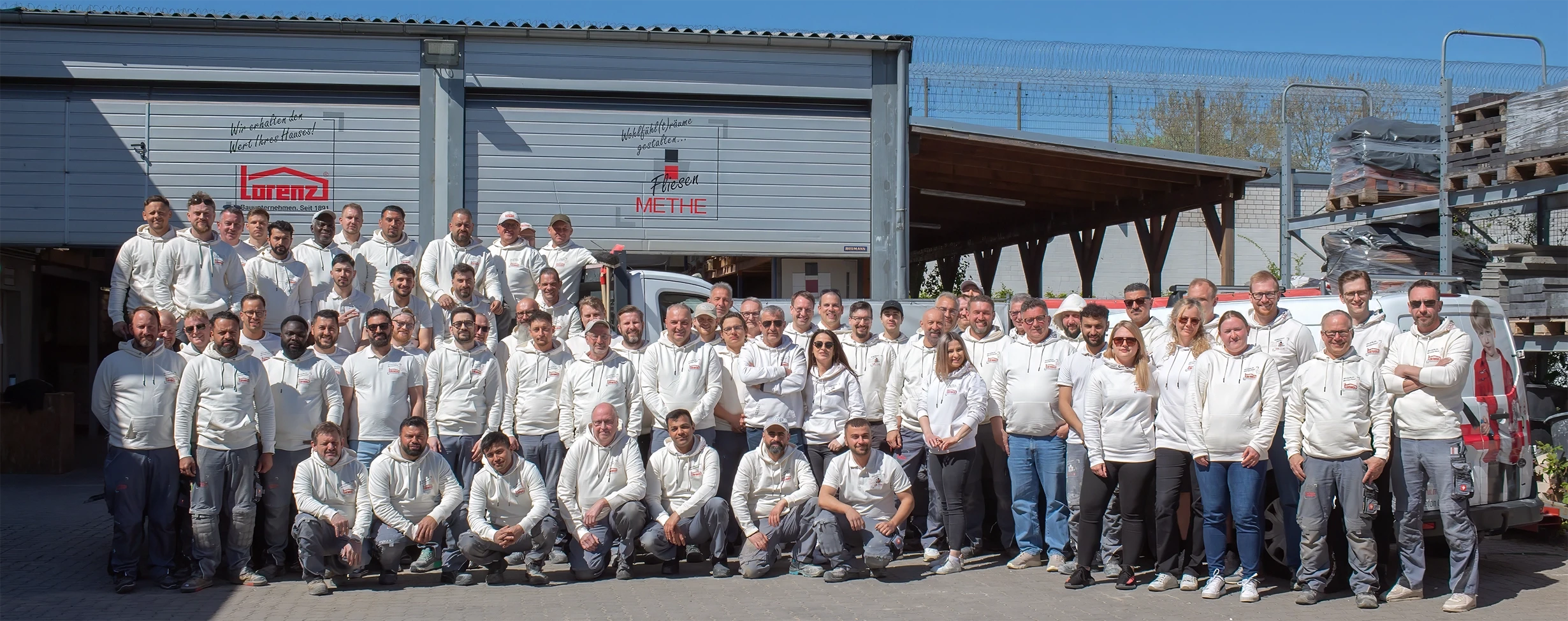 Gruppenfoto des Lorenz Teams vor dem Firmengebäude als Banner