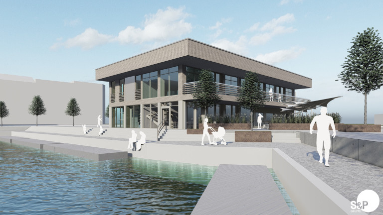 Visualisierung eines modernen Servicegebäudes am Wasser mit Menschen und Grünflächen