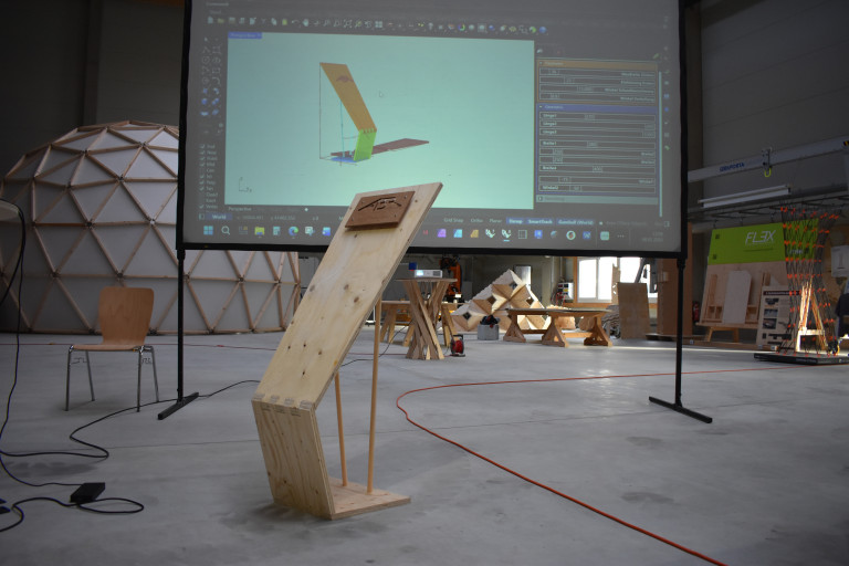 Holzmodell vor einer CAD-Projektion in einer Werkhalle, dsc-0814.JPG