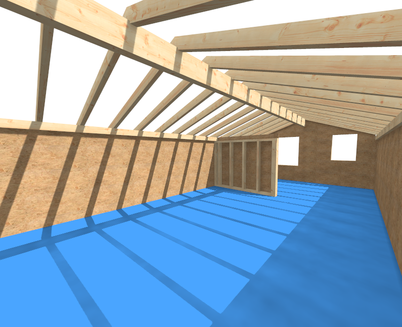 Screenshot einer Holzkonstruktion mit Dachstuhl und blauer Bodenfläche, aufgenommen am 13.01.2026