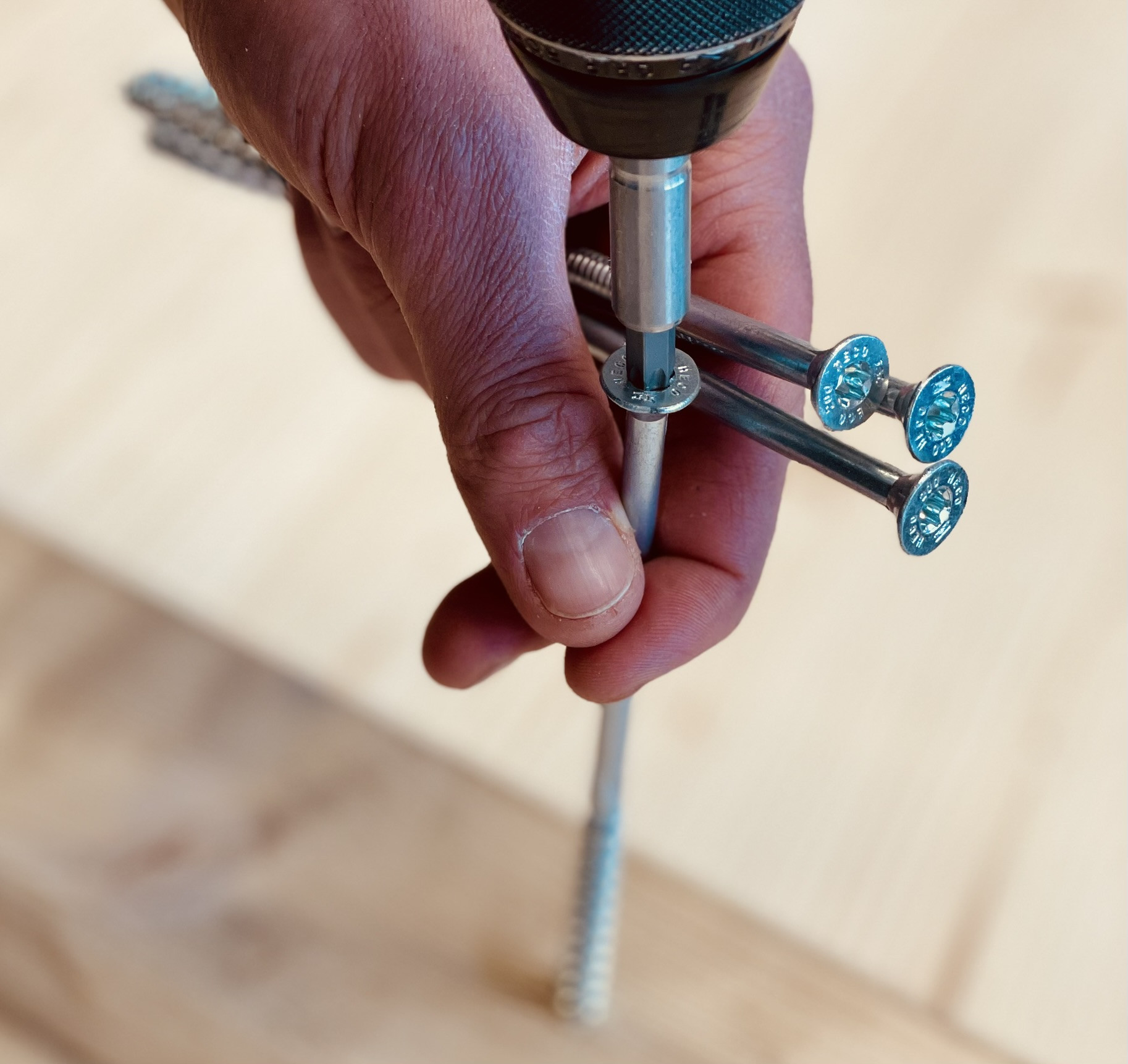 Hand schraubt große Holzschraube mit Akkuschrauber in Holzplatte