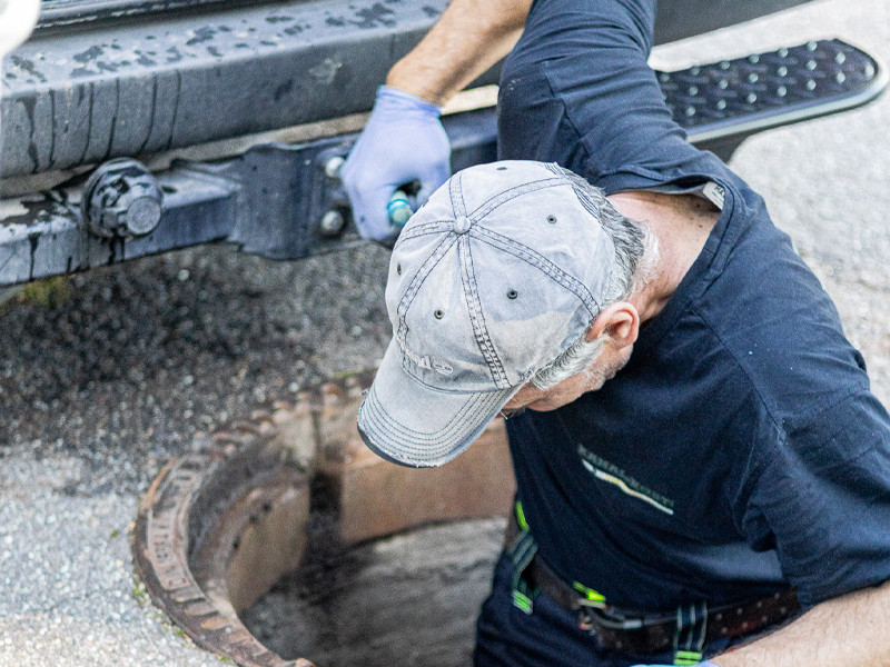 Kanalreinigung: Arbeiter öffnet Kanalschacht zur Wartung oder Inspektion Arbeiter mit Kappe und Handschuhen bei der Kanalreinigung an einem offenen Kanalschacht