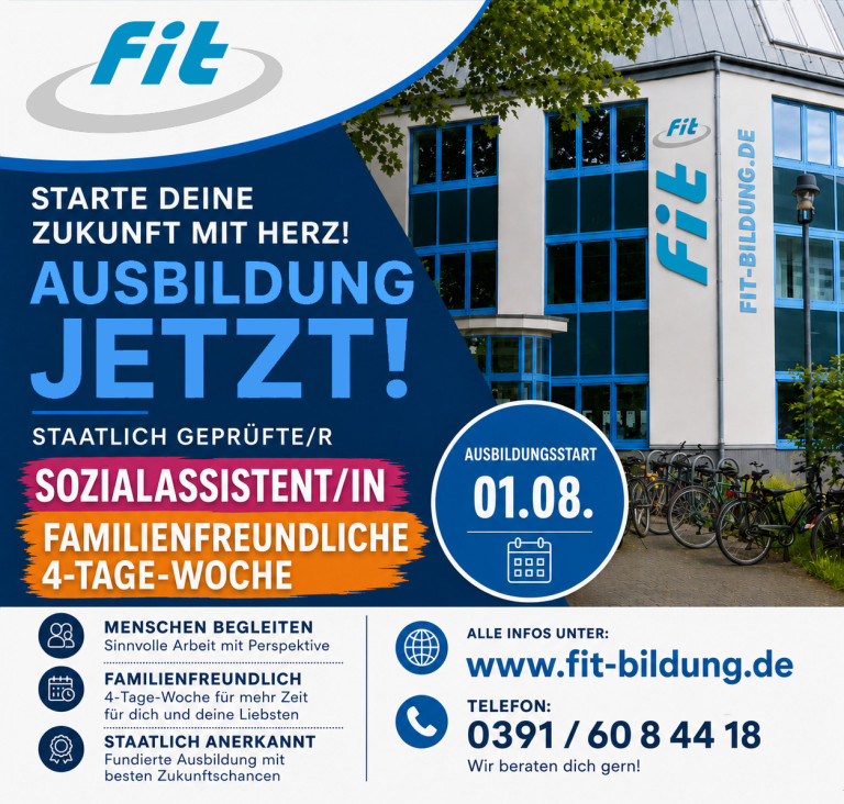Sozialassistent Ausbildung 2026 mit 4-Tage-Woche bei fit-bildung.de – Jetzt informieren und starten! Ausbildungsangebot 2026 zum staatlich geprüften Sozialassistenten mit familienfreundlicher 4-Tage-Woche bei fit-bildung.de