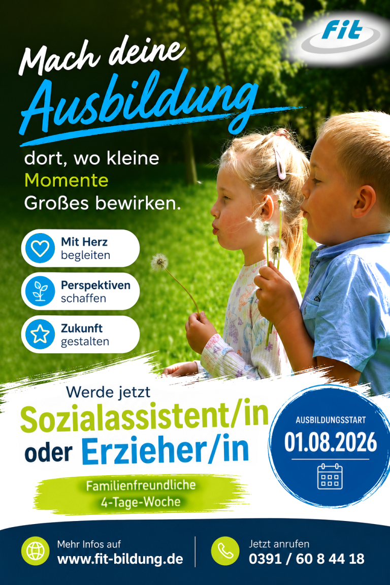 Werbeplakat für die Ausbildung zum Sozialassistenten oder Erzieher mit zwei Kindern auf einer Wiese, Ausbildungsstart 01.08.2026