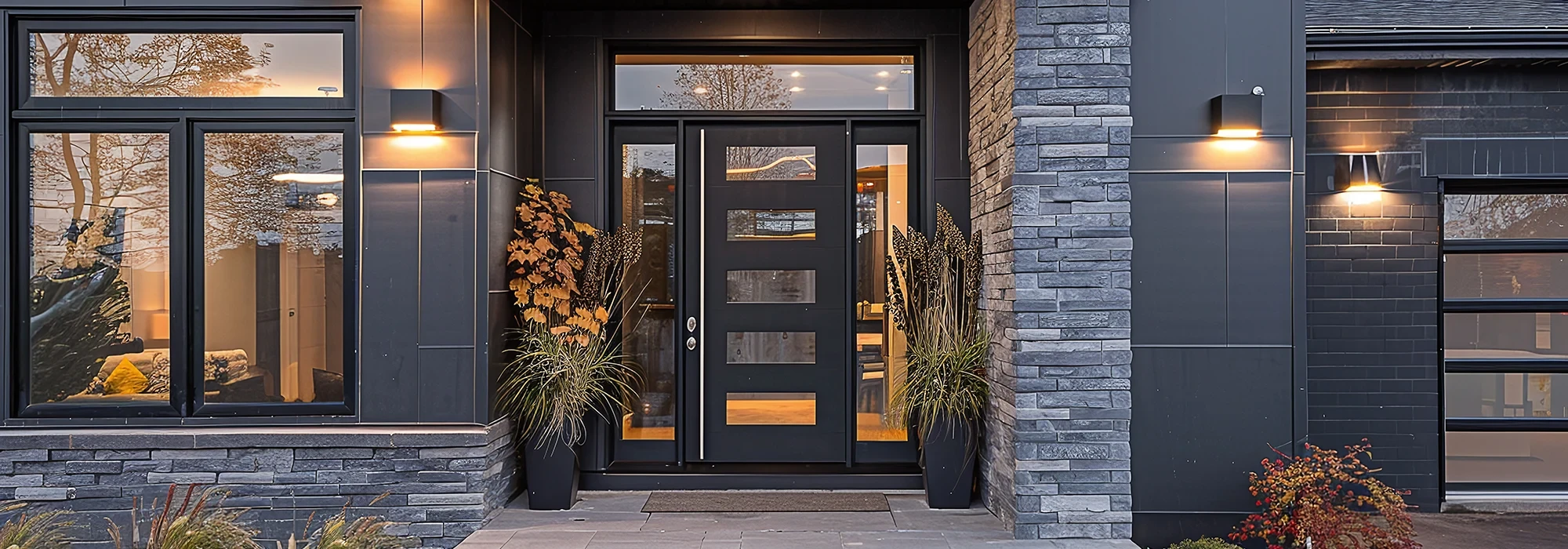 Moderne Aluminium Haustür mit Glaseinsätzen und seitlichen Pflanzen im Eingangsbereich